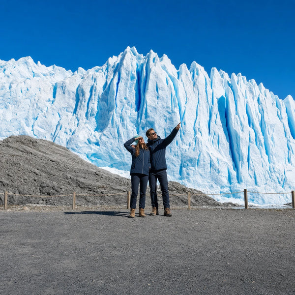 Couple gazing up at a towering blue-crevassed glacier face, Glacier Tours experience gift