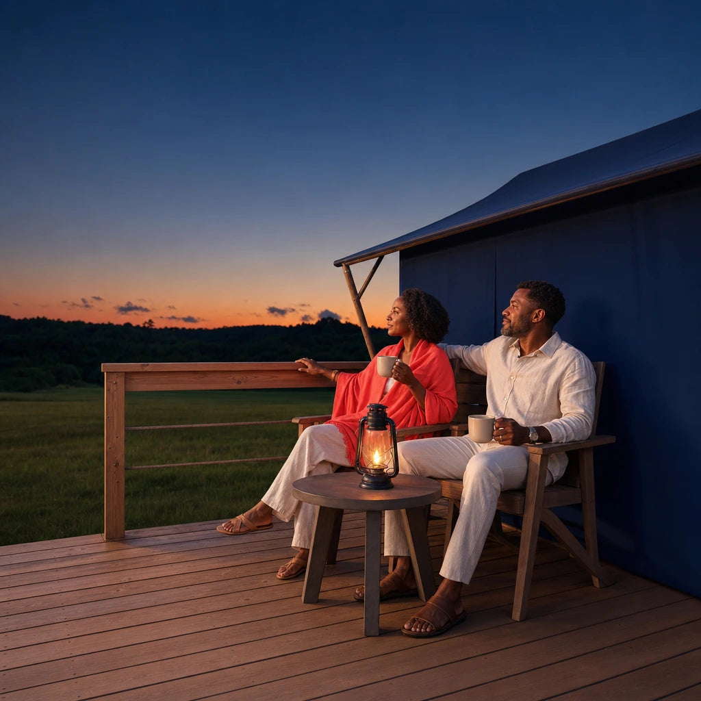 Couple sharing mugs on a canvas tent deck at dusk by lantern light, Glamping experience gift