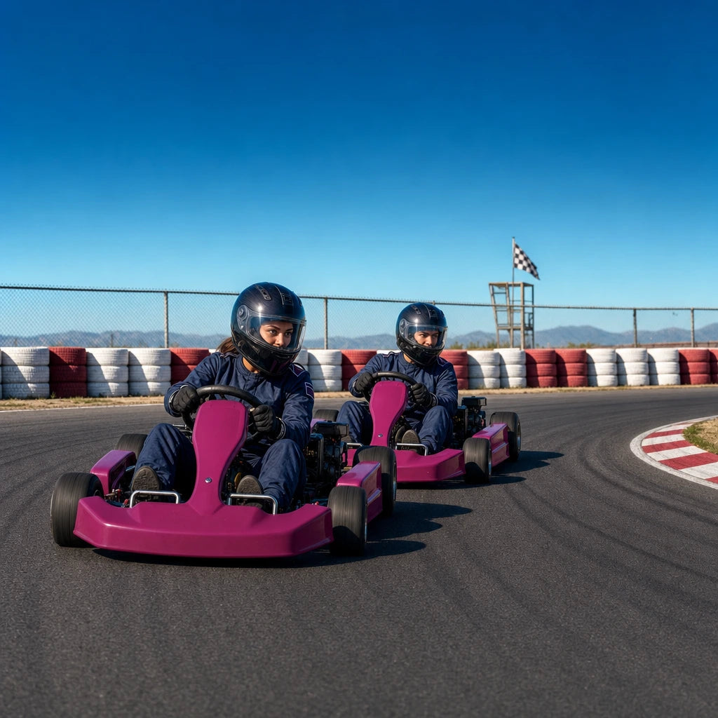 Two karts racing wheel to wheel out of a bend on an open circuit, Go-Kart Racing experience gift