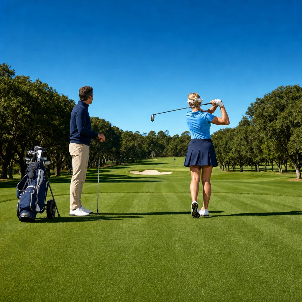 Woman finishing a golf swing on the tee as her husband watches, Golf experience gift