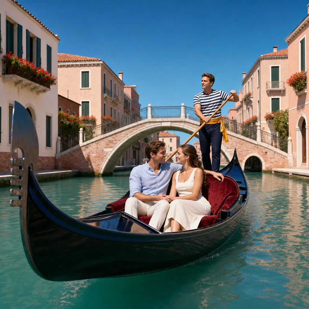 Gondolier steering a couple beneath a footbridge on a sunlit canal, Gondola Rides experience gift
