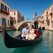 Gondolier steering a couple beneath a footbridge on a sunlit canal, Gondola Rides experience gift