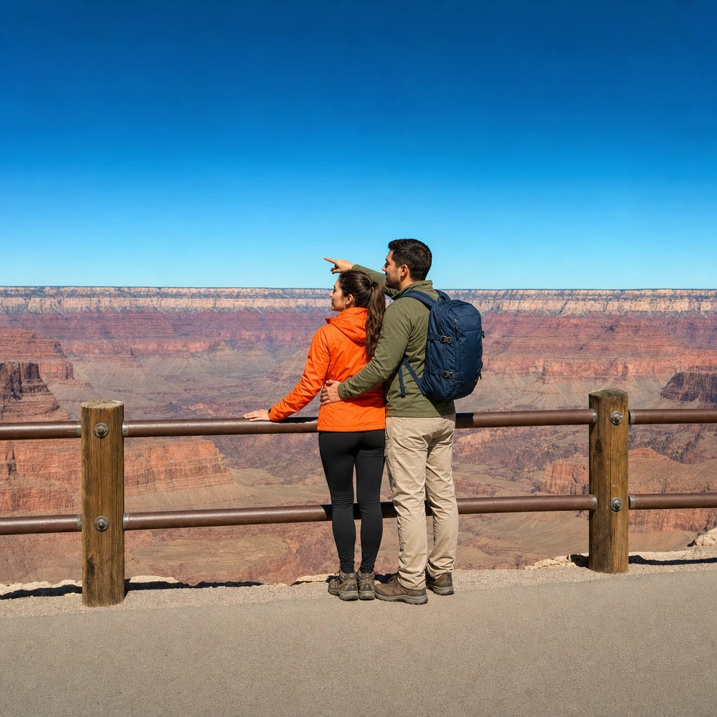 Couple at the Grand Canyon rim taking in the layered red rock, Grand Canyon National Park Tour experience gift