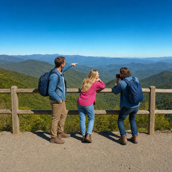 Three friends at an overlook taking in blue-gray ridgelines, Great Smoky Mountains Tour experience gift