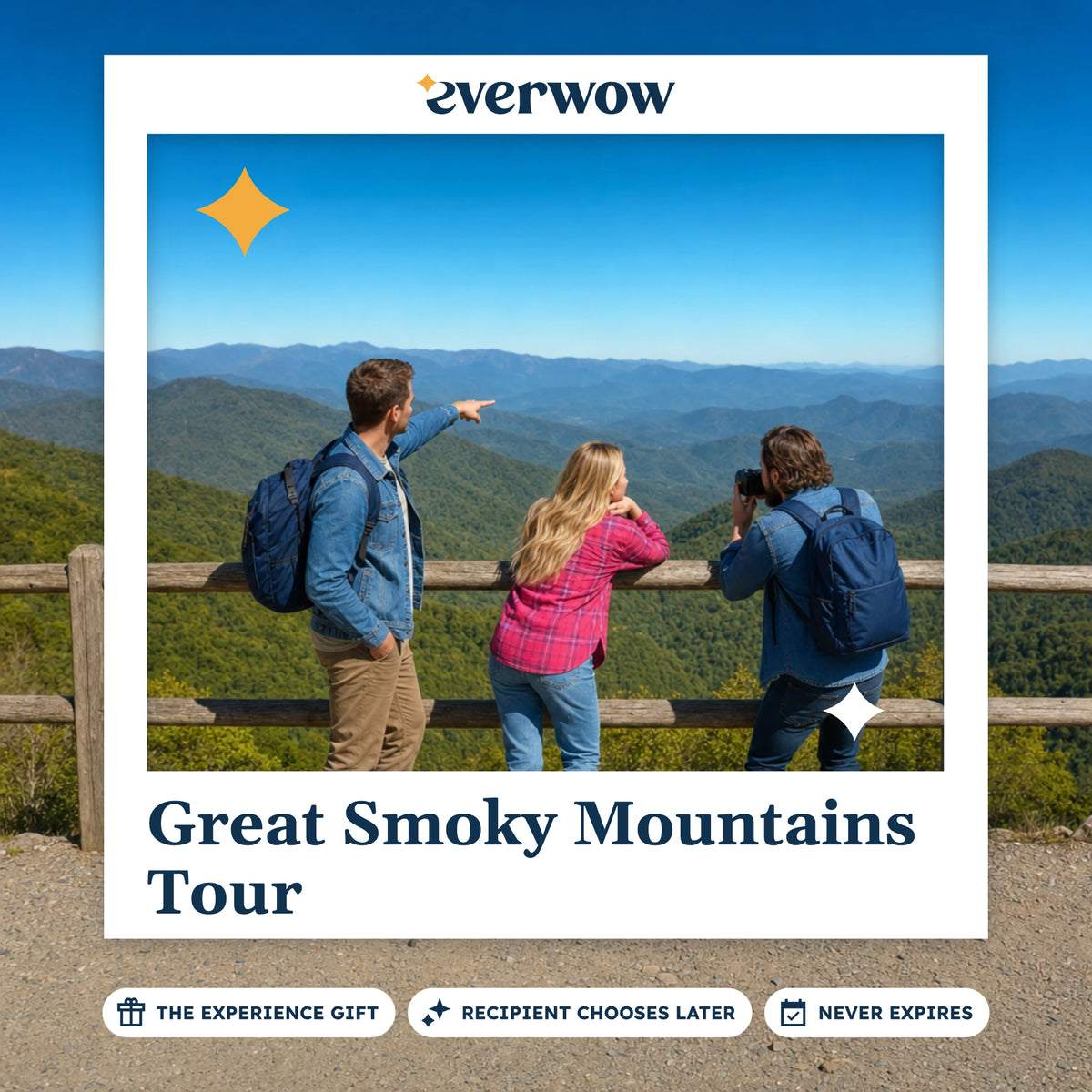Everwow Great Smoky Mountains Tour experience gift photo in a frame, friends at a mountain overlook