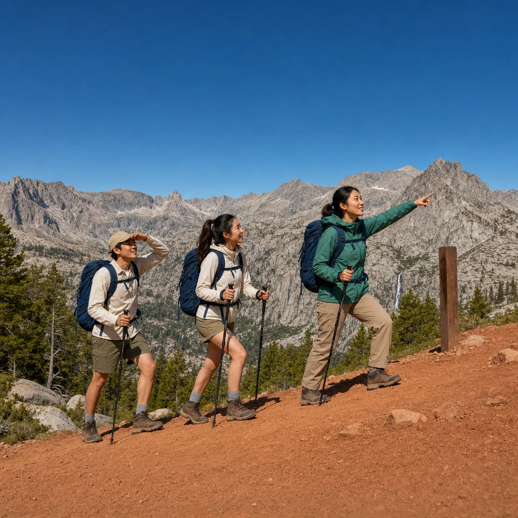 Guide leading two hikers up a switchback below granite peaks, Guided Hikes experience gift