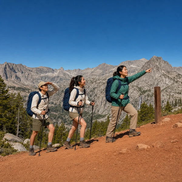 Guide leading two hikers up a switchback below granite peaks, Guided Hikes experience gift