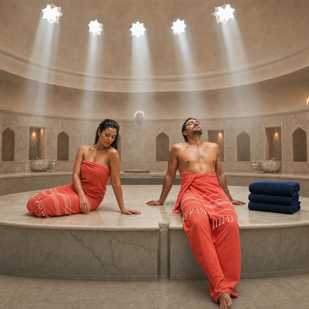 Woman pouring water from a copper bowl in a steamy domed hammam, Hammam & Turkish Bath experience gift