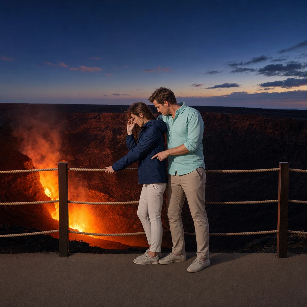 Couple watching a glowing volcanic vent from a crater overlook, Hawaii Volcanoes National Park Tour experience gift