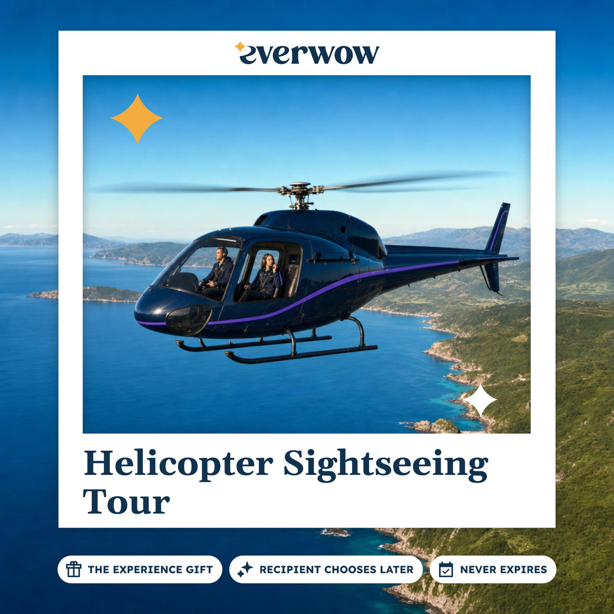 Everwow Helicopter Sightseeing Tour experience gift photo in a frame, helicopter over the coast