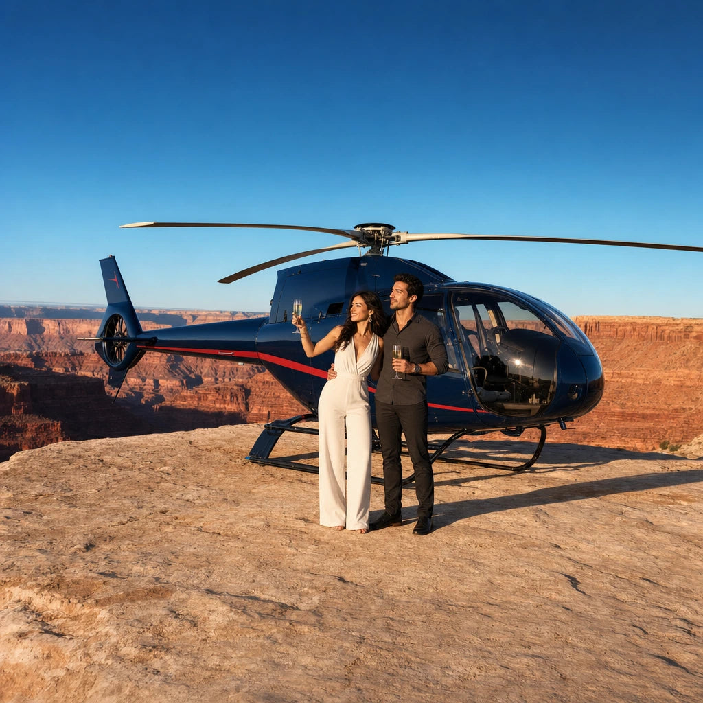 Couple toasting beside a landed helicopter on a canyon rim, Helicopter Tour with Landing experience gift