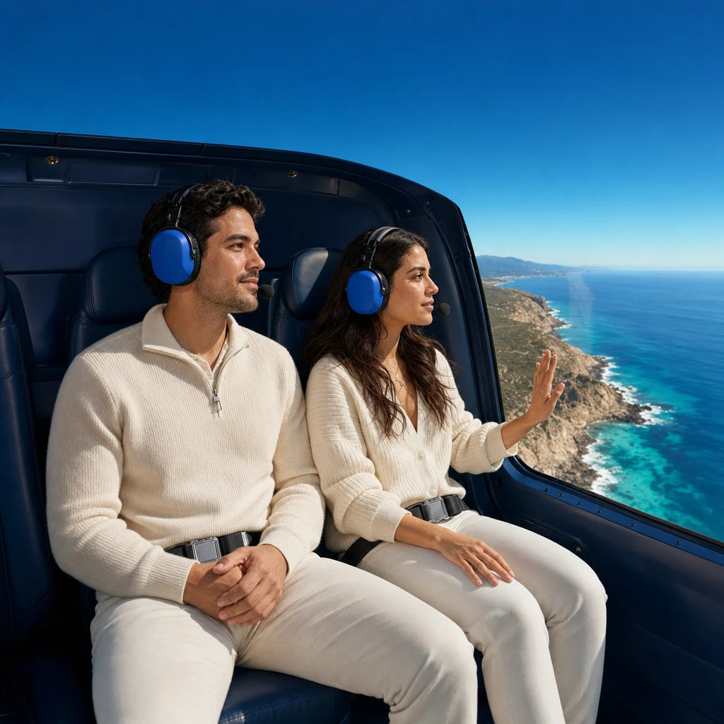 Couple viewing a jagged coastline from a helicopter cabin, Helicopter Tours experience gift