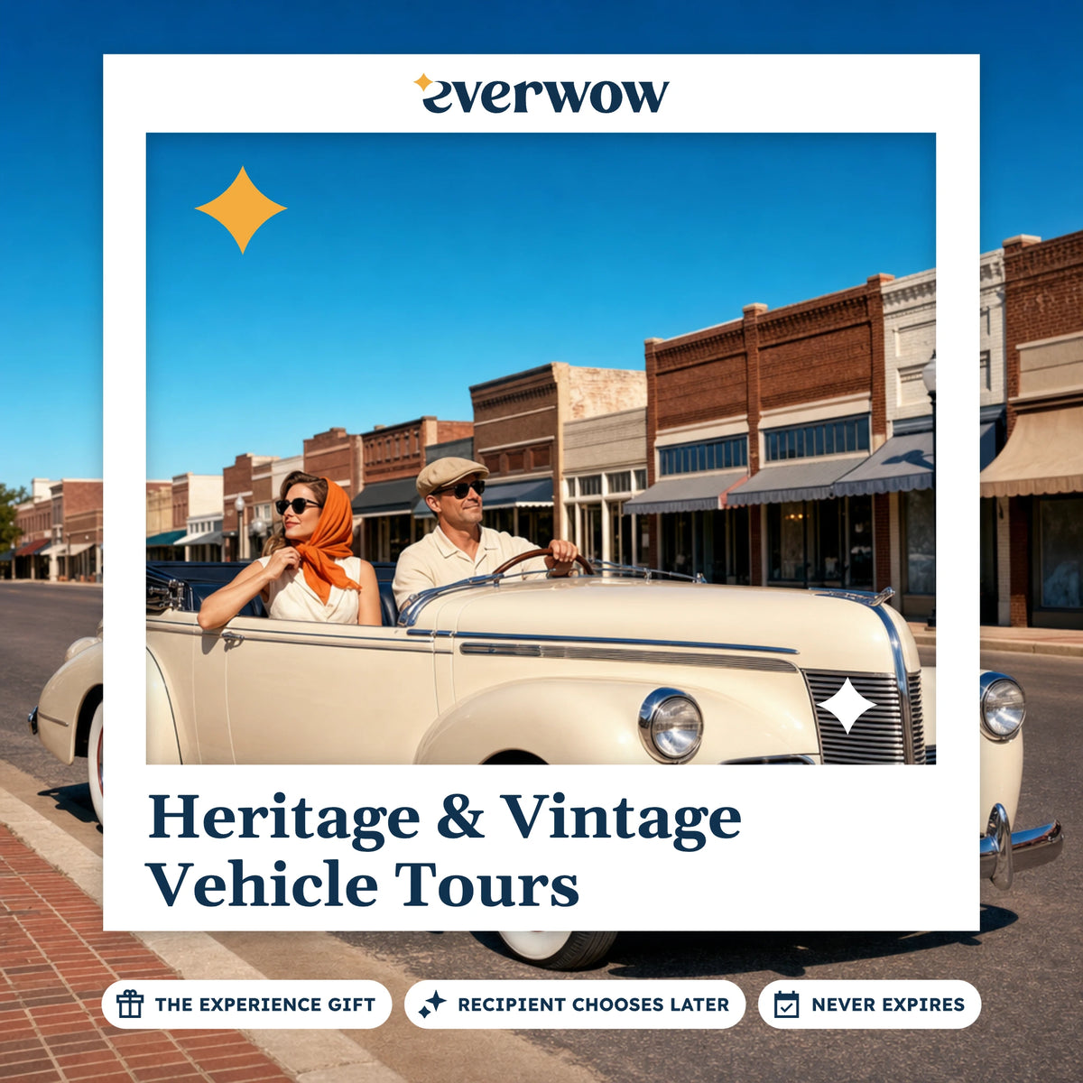 Everwow Heritage & Vintage Vehicle Tours experience gift photo in a frame, couple in a classic car
