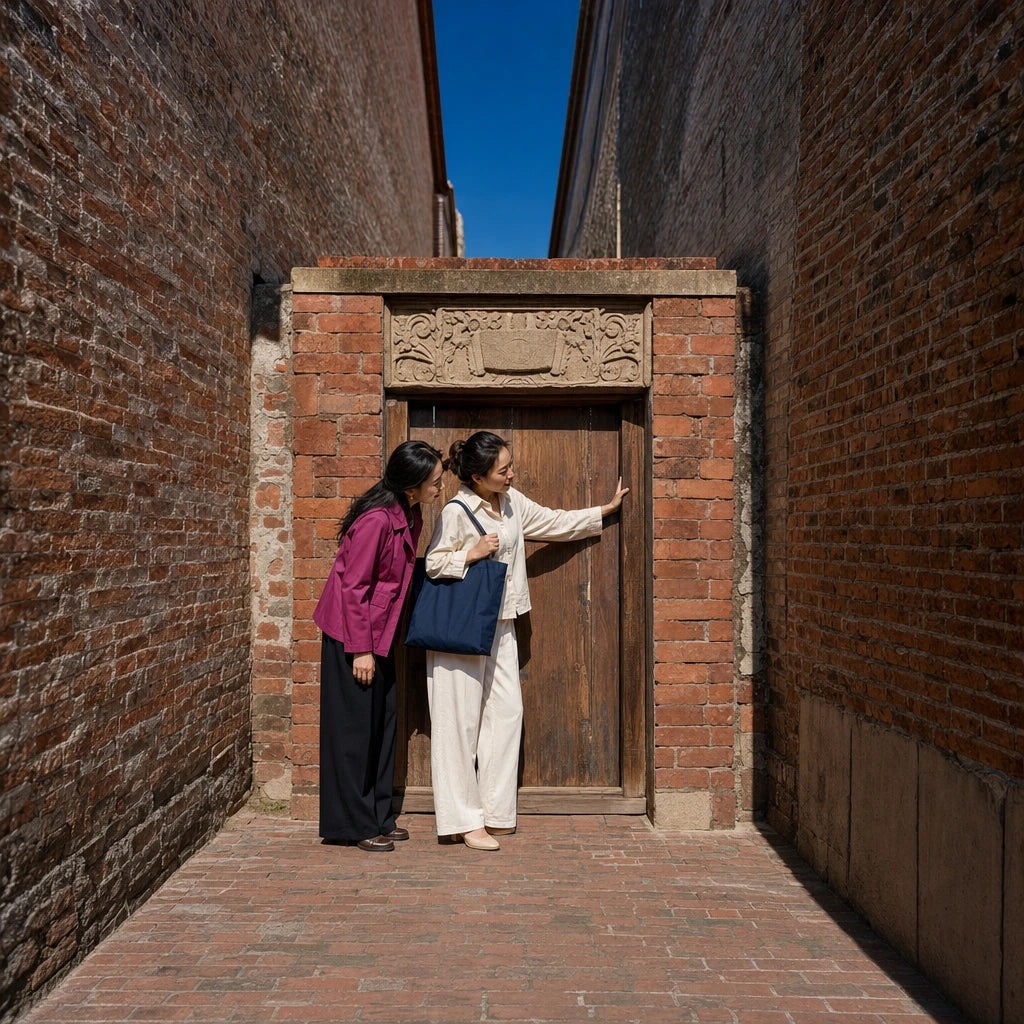 Guide showing a visitor a carved doorway in a hidden brick alley, Hidden Gems Walking Tour experience gift