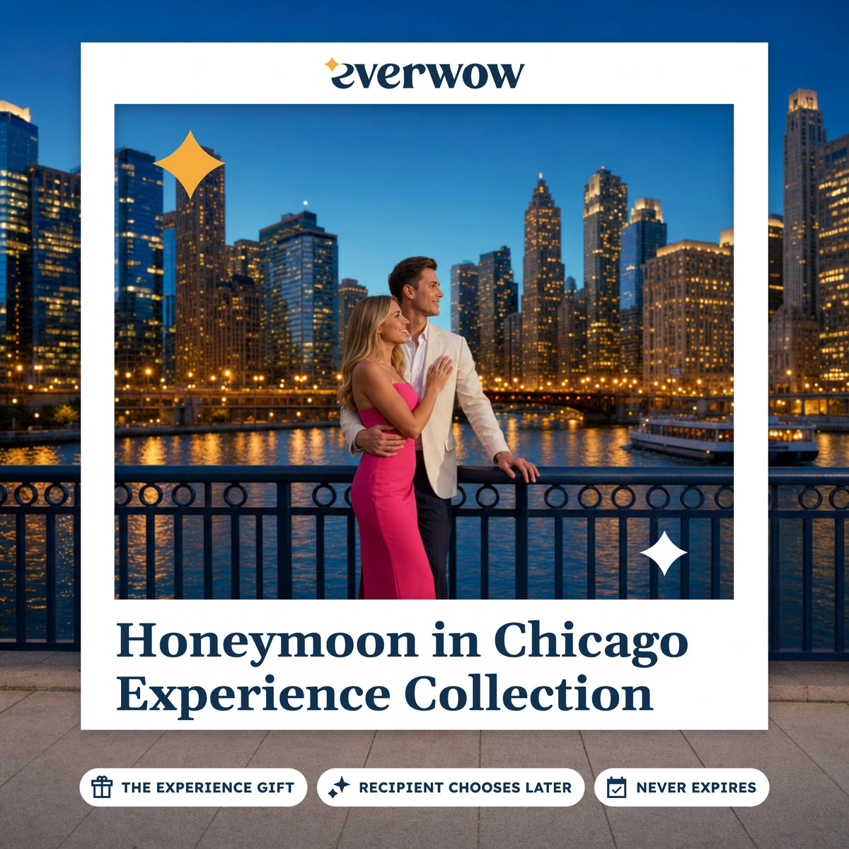 Everwow Honeymoon in Chicago Experience Collection experience gift photo in a frame, newlyweds on the Riverwalk