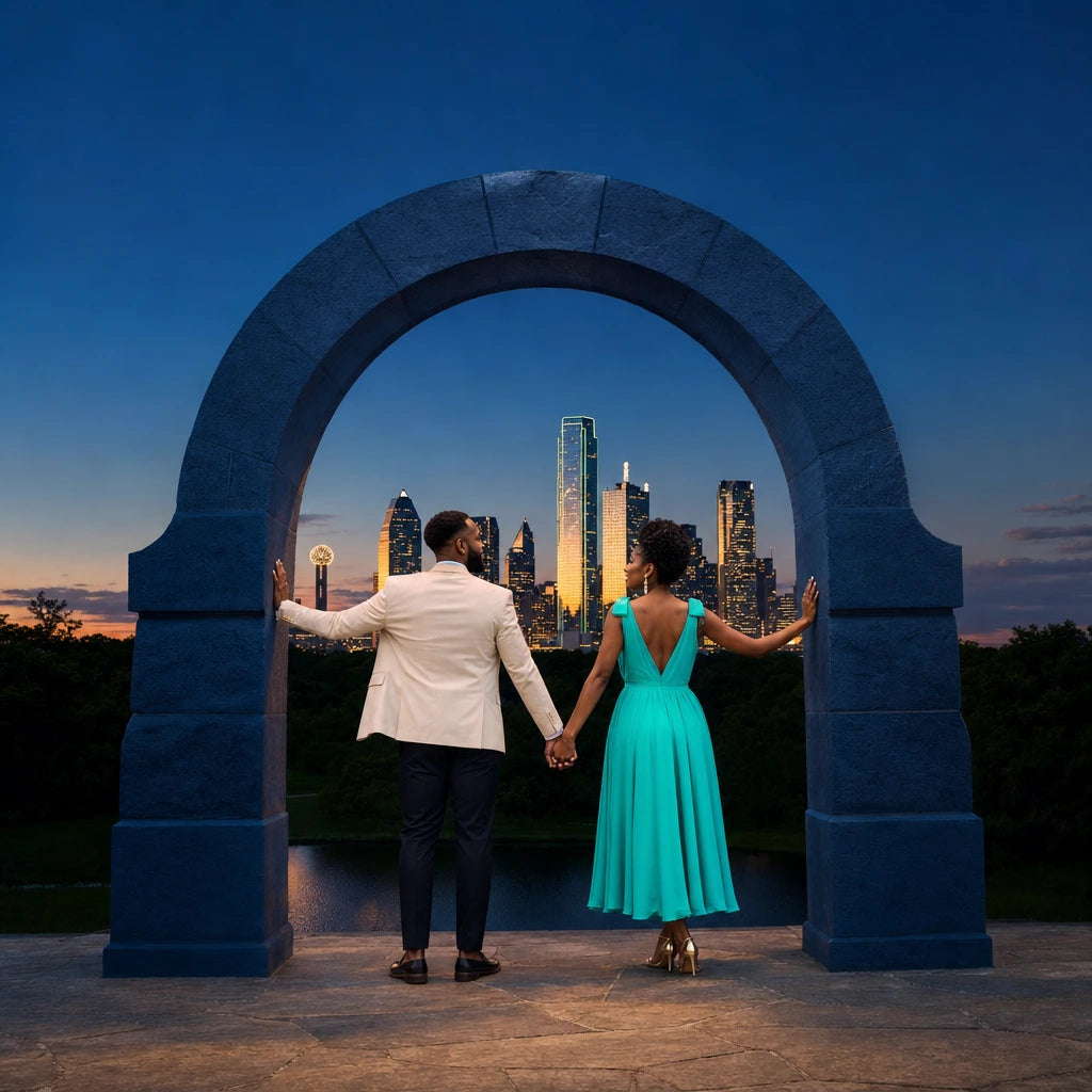 Newlyweds hand in hand under a Dallas park pavilion at dusk, Honeymoon in Dallas Experience Collection experience gift