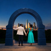 Newlyweds hand in hand under a Dallas park pavilion at dusk, Honeymoon in Dallas Experience Collection experience gift