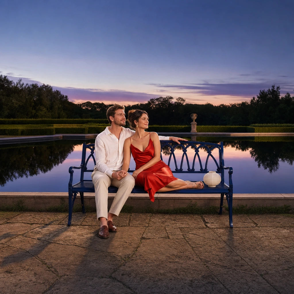 Newlyweds on a garden bench by a reflecting pool at dusk, Honeymoon in Houston Experience Collection experience gift
