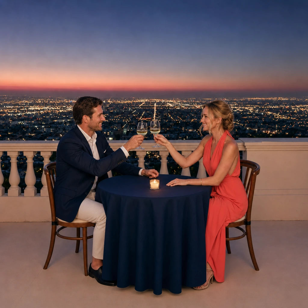 Newlyweds toasting at a candlelit rooftop table, Honeymoon in Los Angeles Experience Collection experience gift