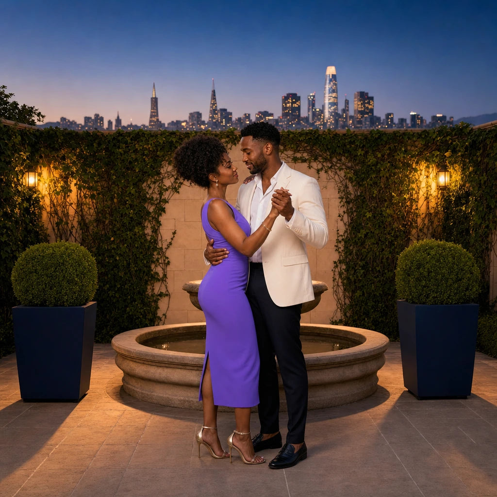 Newlyweds swaying in a hidden garden courtyard at dusk, Honeymoon in San Francisco Experience Collection experience gift