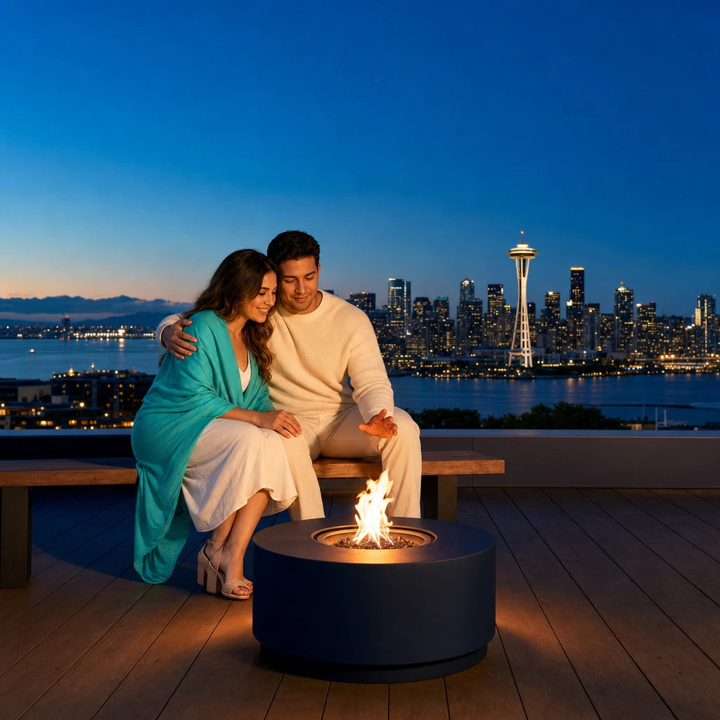 Newlyweds by a rooftop firepit with the Seattle skyline, Honeymoon in Seattle Experience Collection experience gift