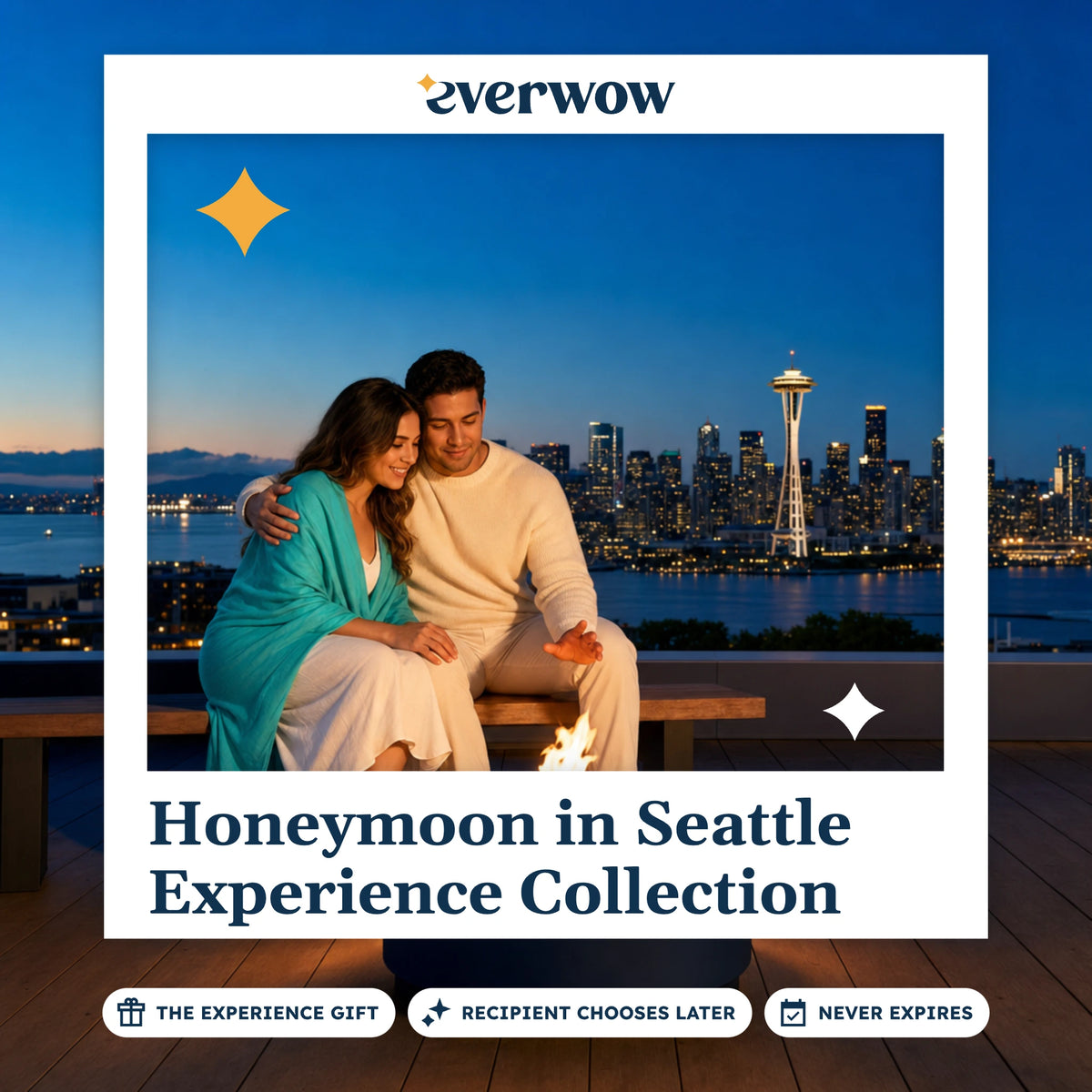 Everwow Honeymoon in Seattle Experience Collection experience gift photo in a frame, rooftop firepit at dusk