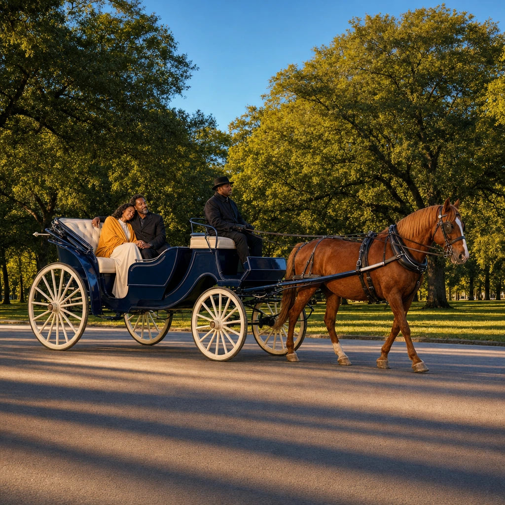 Couple snuggled in a horse-drawn carriage through an evening park, Horse Carriage Ride experience gift
