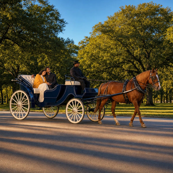 Couple snuggled in a horse-drawn carriage through an evening park, Horse Carriage Ride experience gift