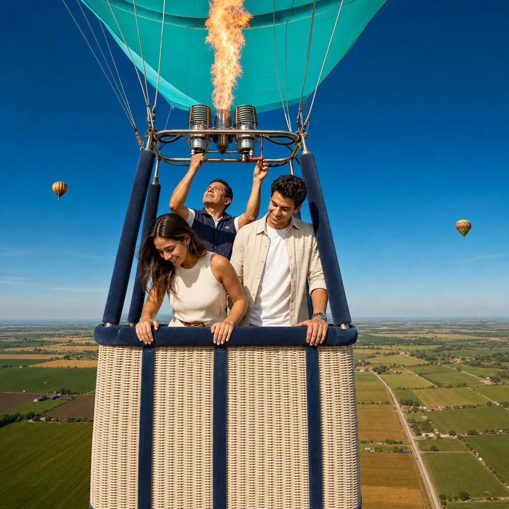 Pilot firing the burner as a couple looks over patchwork farmland from the basket, Hot Air Balloon Rides experience gift