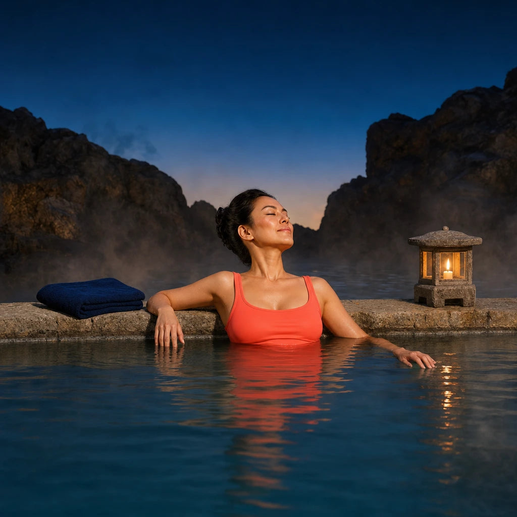 Woman relaxing in a steaming natural hot spring at dusk, Hot Springs experience gift