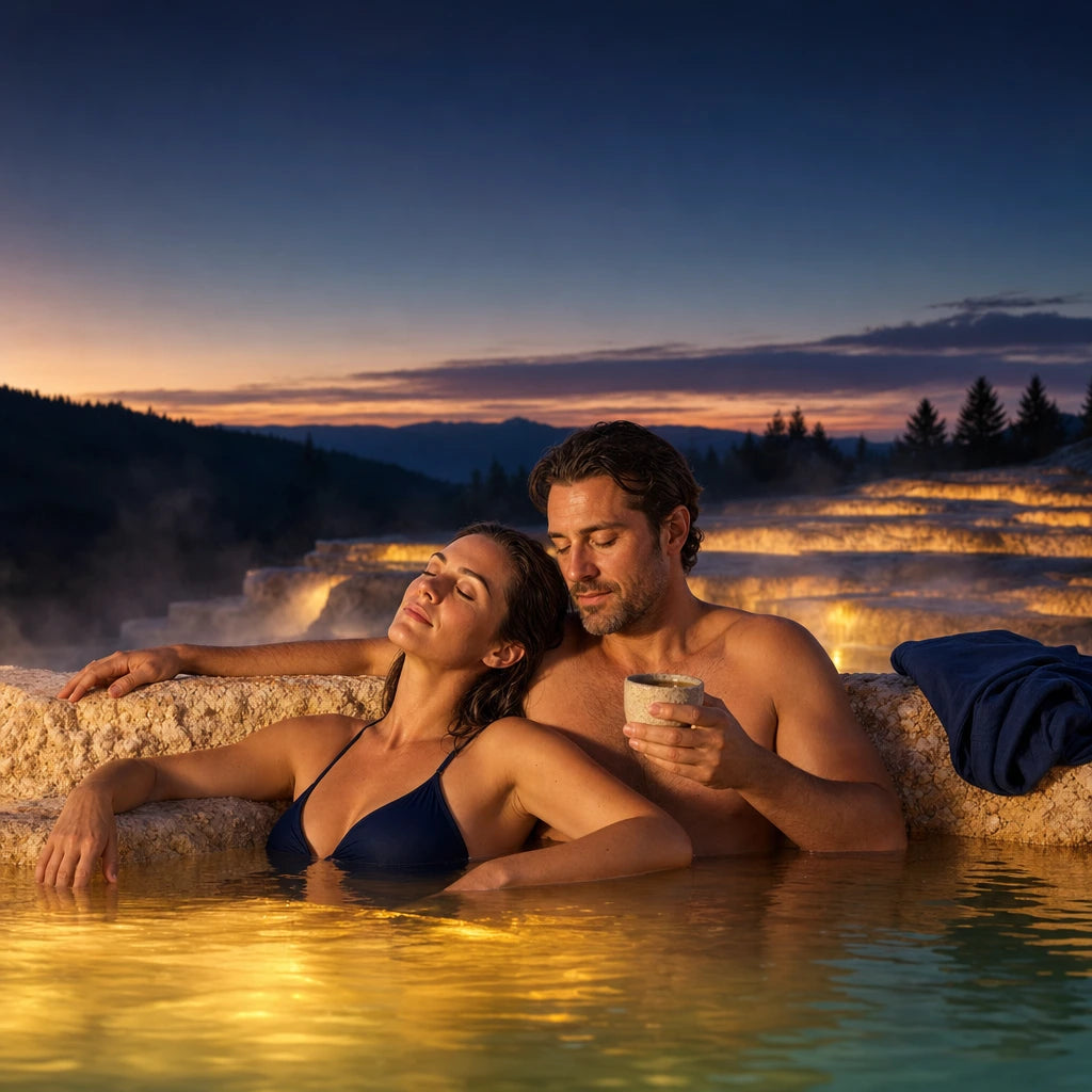Couple soaking shoulder-deep in a glowing geothermal pool at dusk, Hot Springs & Geothermal experience gift