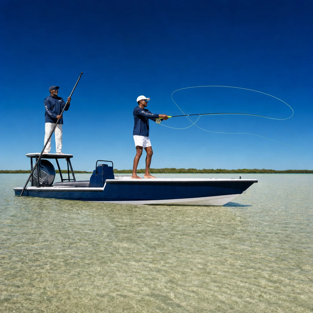 Angler casting from a shallow-water skiff as his guide poles the flats, Inshore Fishing Charter experience gift