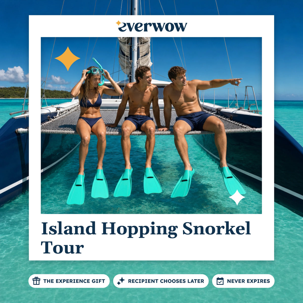 Everwow Island Hopping Snorkel Tour experience gift photo in a frame, snorkelers on a catamaran