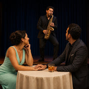 Couple at a club table as a saxophonist plays under warm stage light, Jazz Club & Live Jazz experience gift