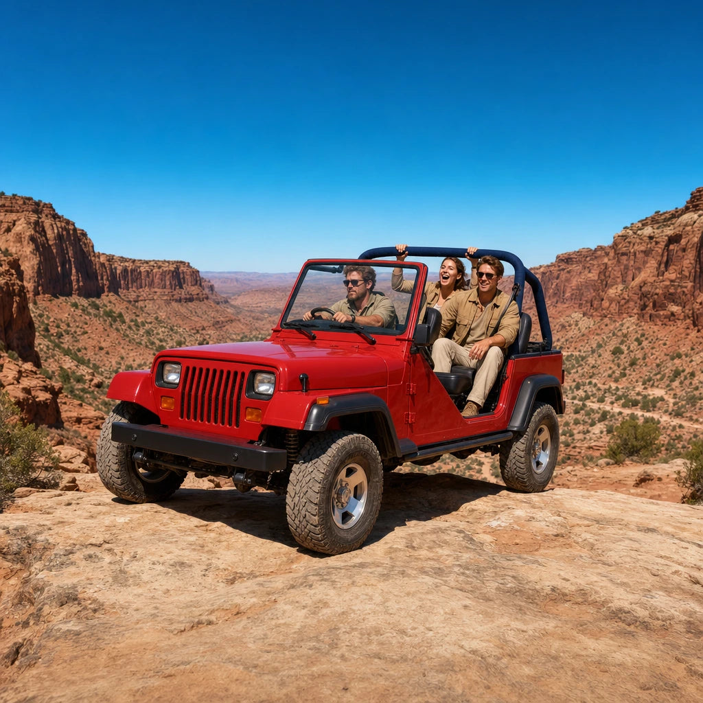 Guided red 4x4 crawling a boulder ledge in a red-rock canyon, Jeep & 4x4 Tours experience gift