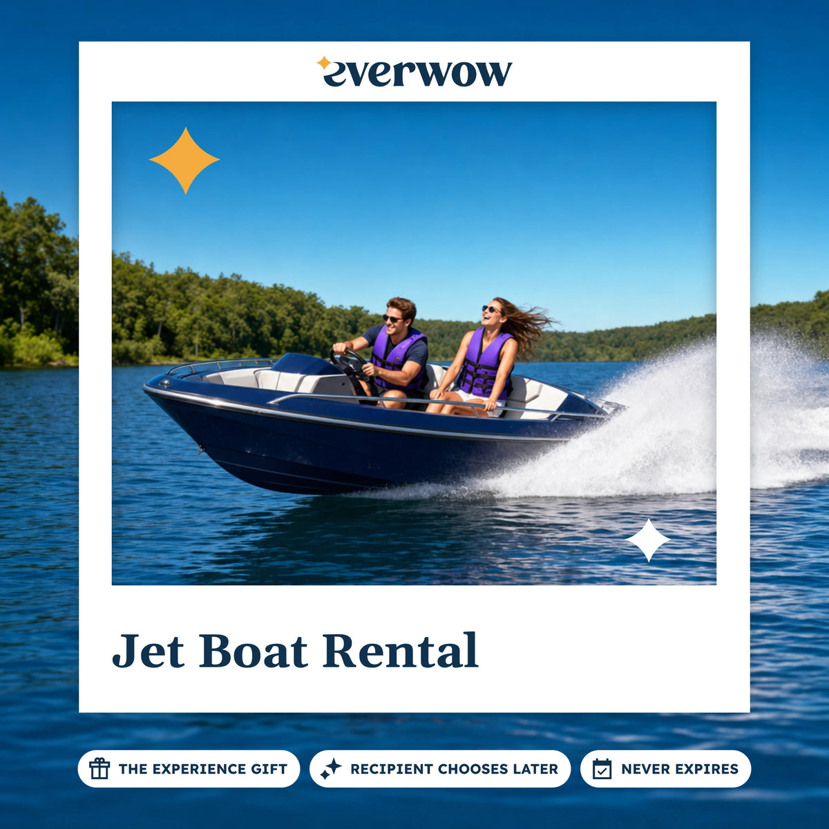 Everwow Jet Boat Rental experience gift photo in a frame, jet boat turning on a river