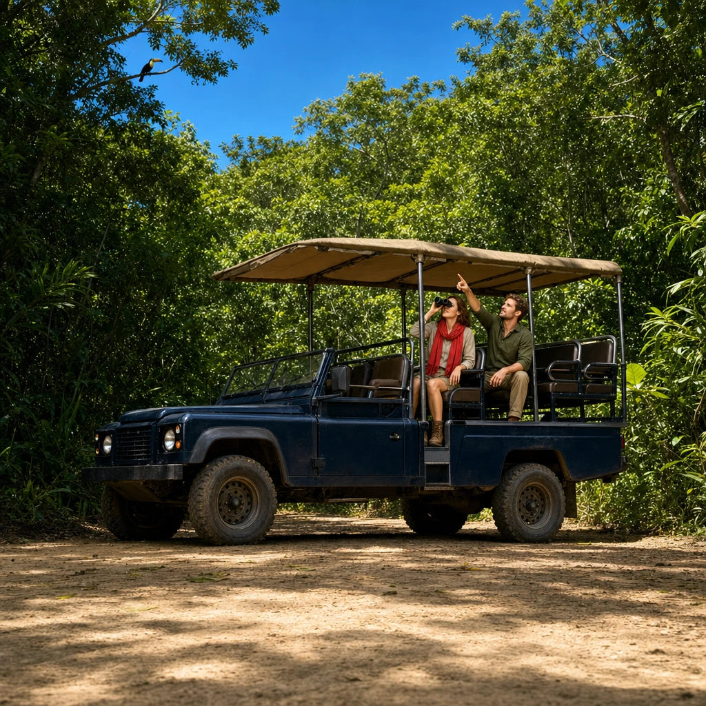 Couple scanning the jungle canopy for a toucan from a safari truck, Jungle Safari experience gift