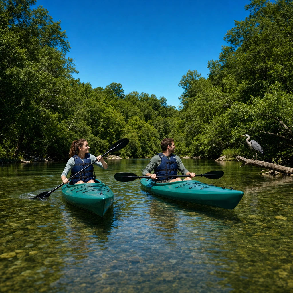 Two kayakers gliding down a clear forest river past a heron, Kayaking experience gift