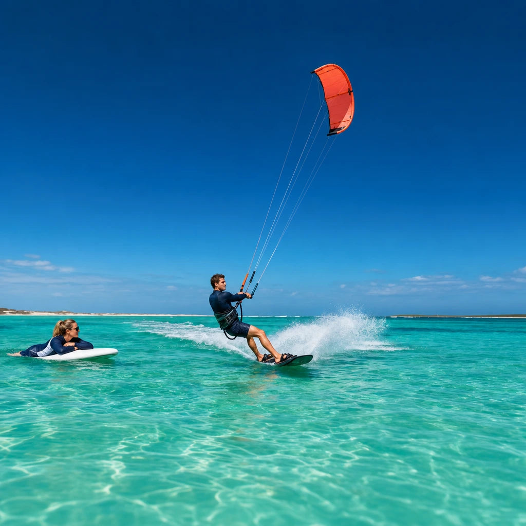 Kitesurfer skimming turquoise shallows under a coral kite, Kitesurfing & Wakeboarding experience gift