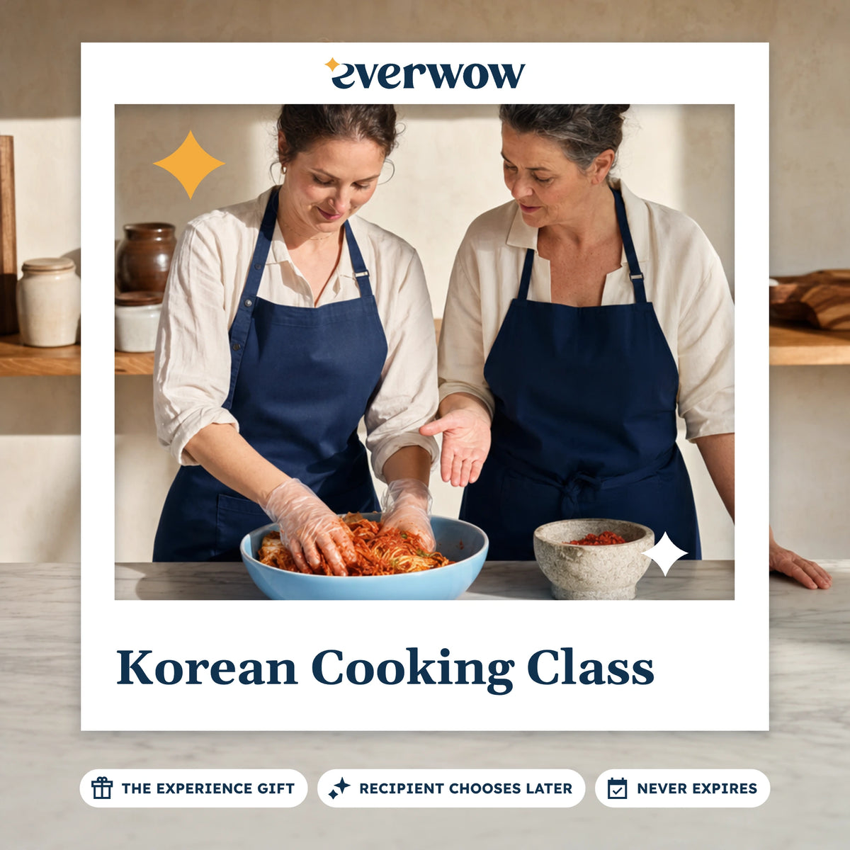 Everwow Korean Cooking Class experience gift photo in a frame, making kimchi in a studio