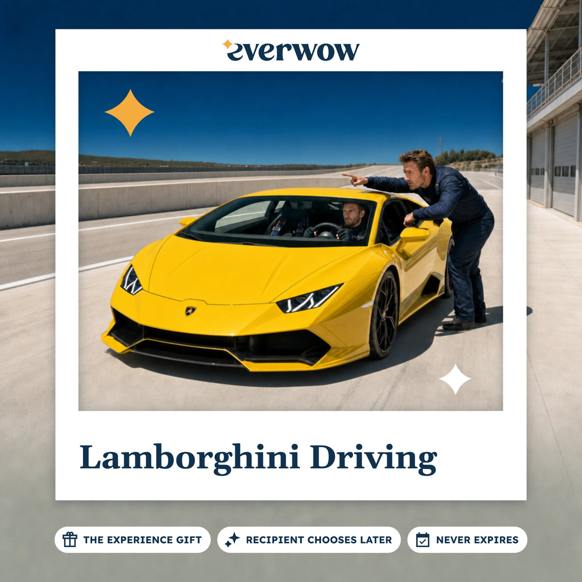 Everwow Lamborghini Driving experience gift photo in a frame, yellow supercar on the track