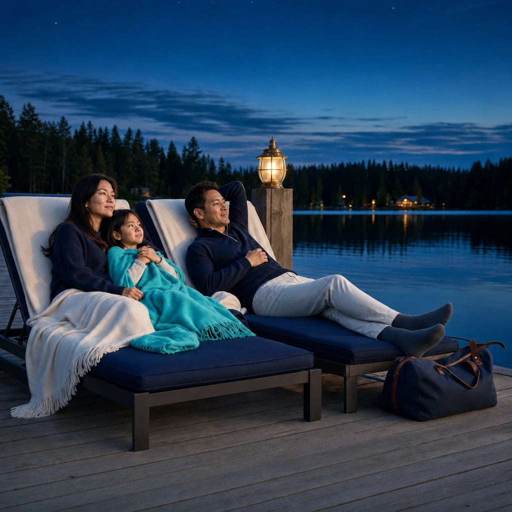 Family settling onto dock loungers at dusk, child under a throw, Family Getaway experience gift