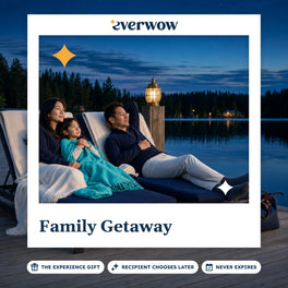 Everwow Family Getaway experience gift photo in a frame, family on a dusk dock