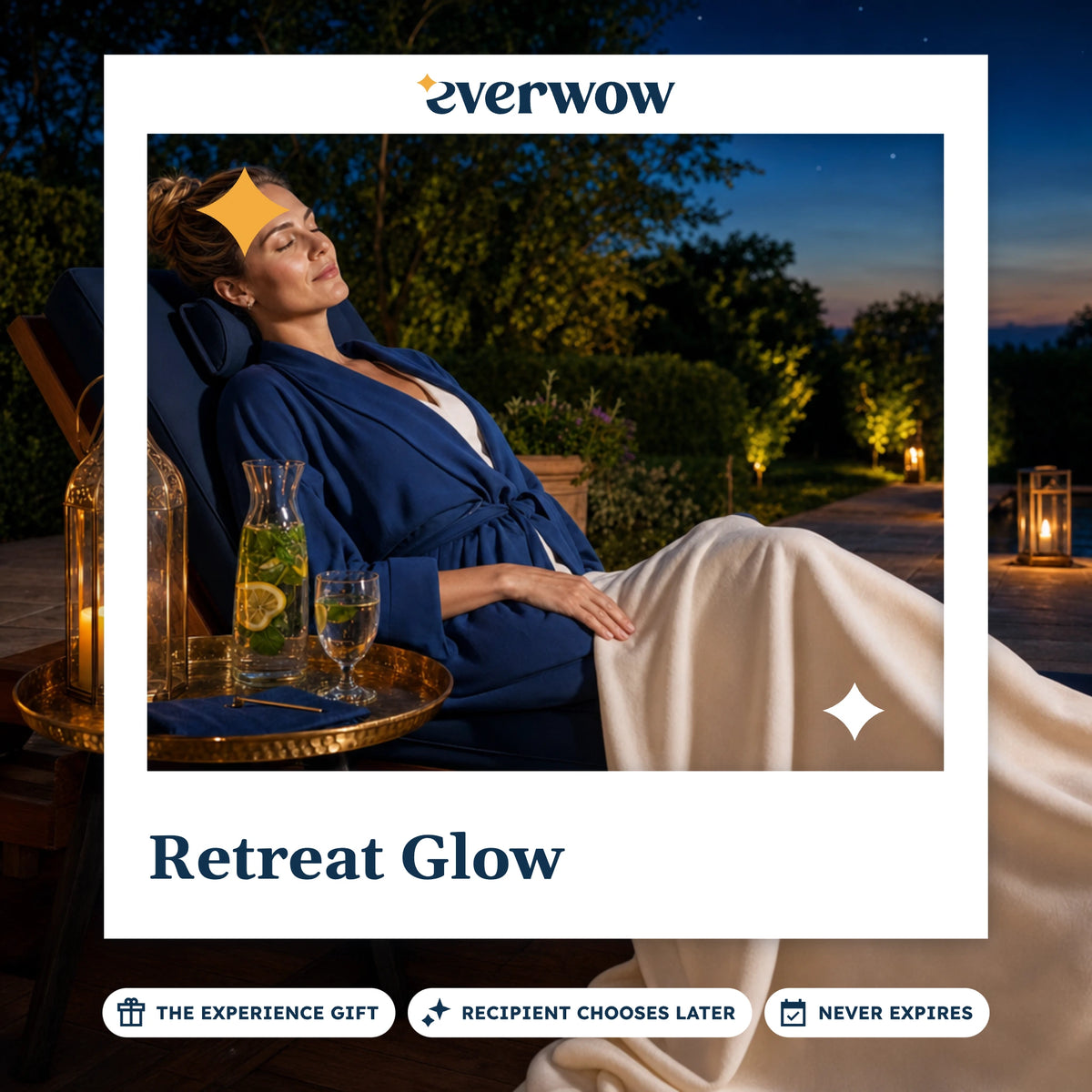 Everwow Retreat Glow experience gift photo in a frame, dusk spa lounger rest