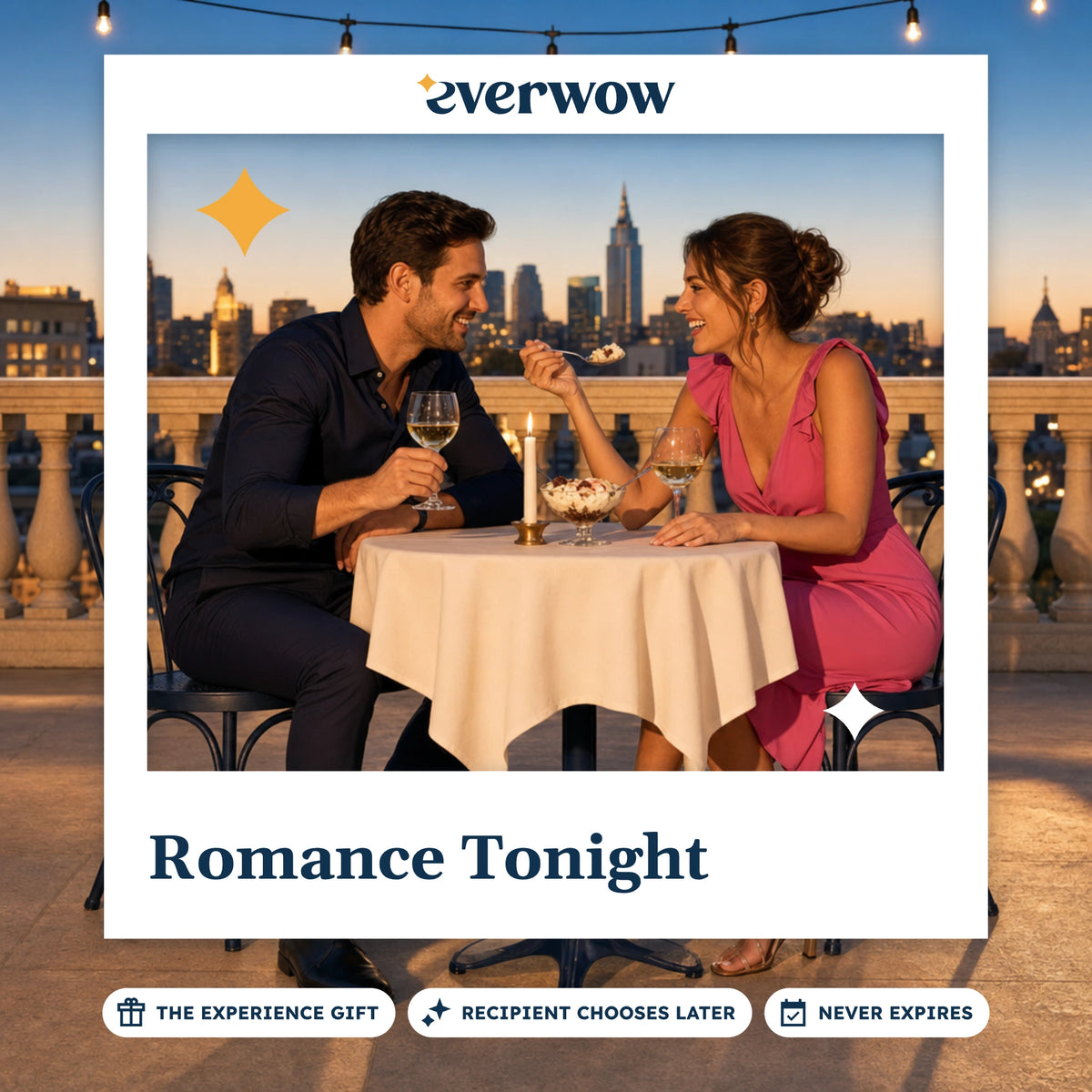 Everwow Romance Tonight experience gift photo in a frame, candlelit terrace dessert