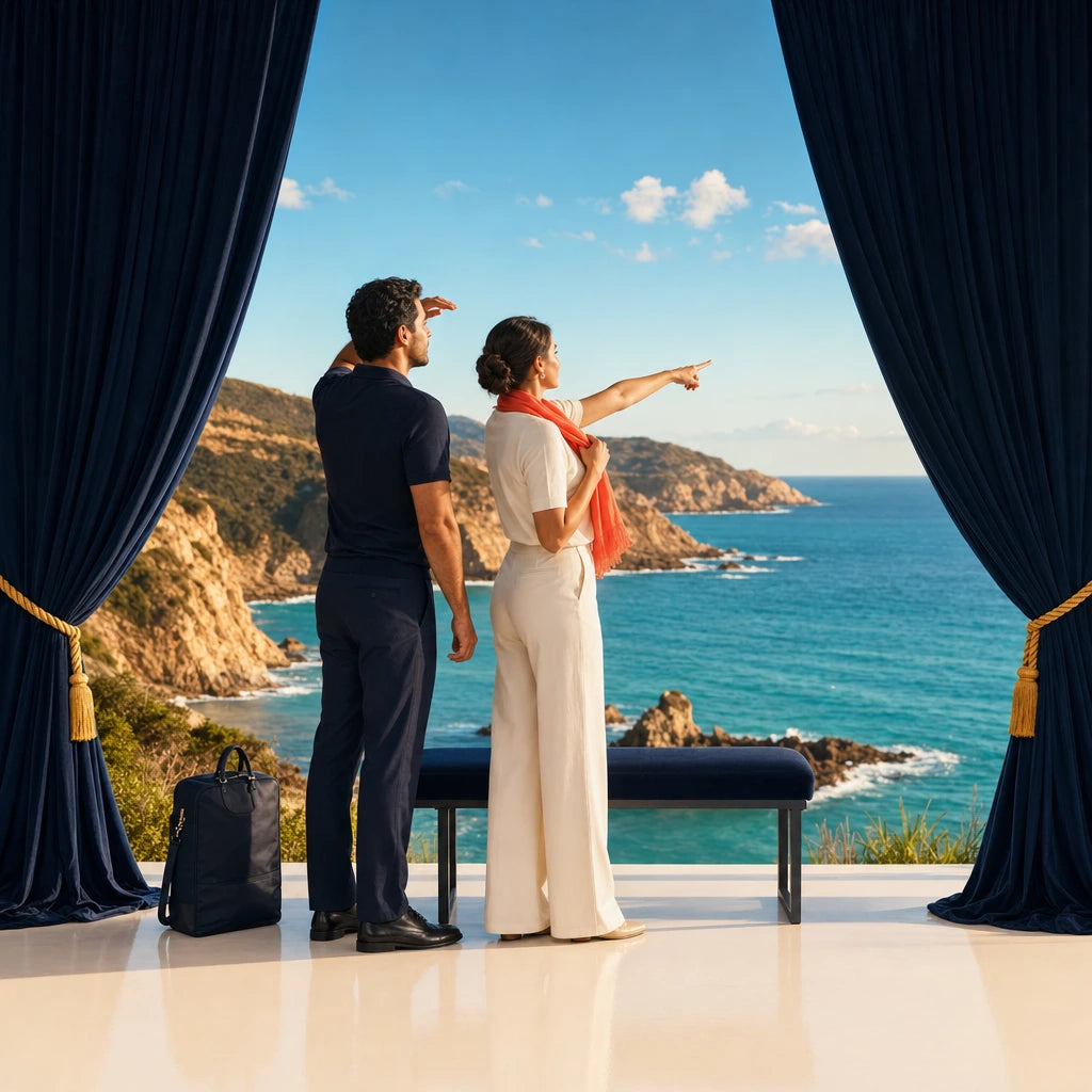 Couple at a sunlit coastline pointing to the horizon, Classic Bucketlist experience gift