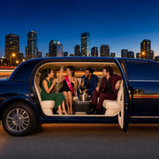 Four friends toasting a birthday inside a limousine at evening, Limousine Tours experience gift
