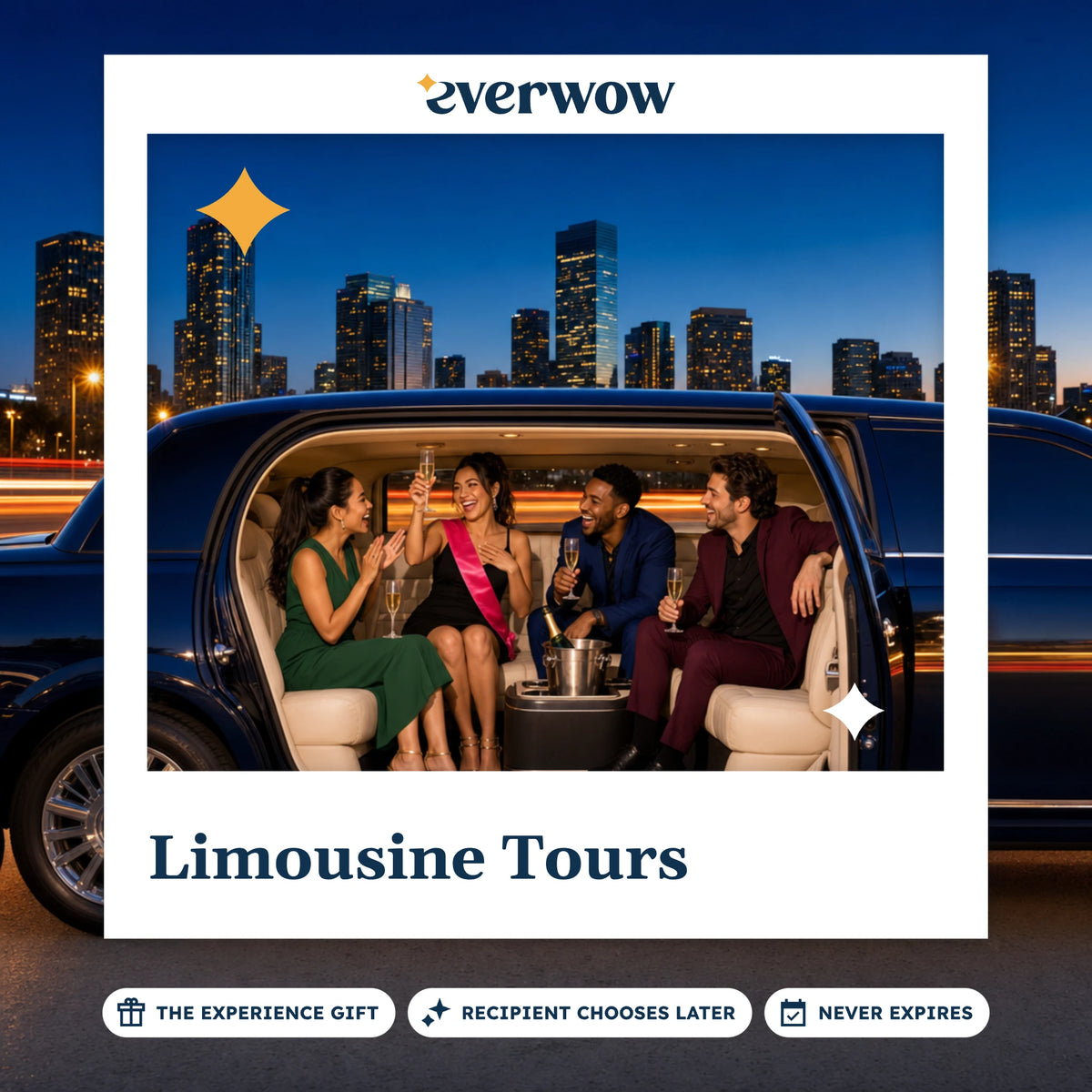Everwow Limousine Tours experience gift photo in a frame, friends toasting in a limo