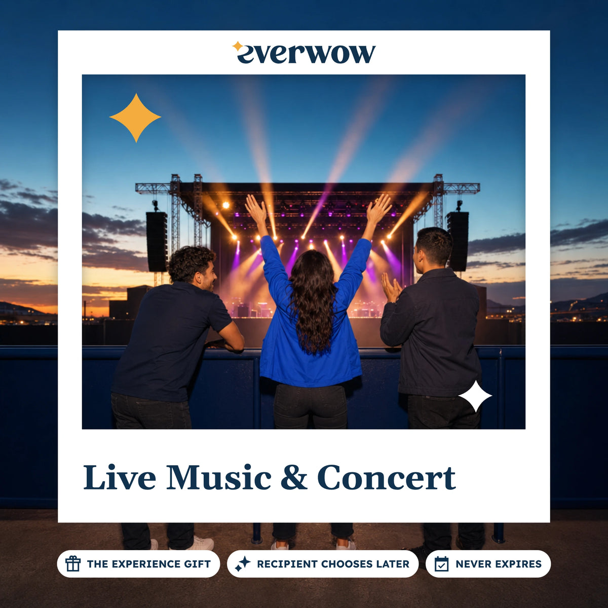Everwow Live Music & Concert experience gift photo in a frame, friends cheering at the stage