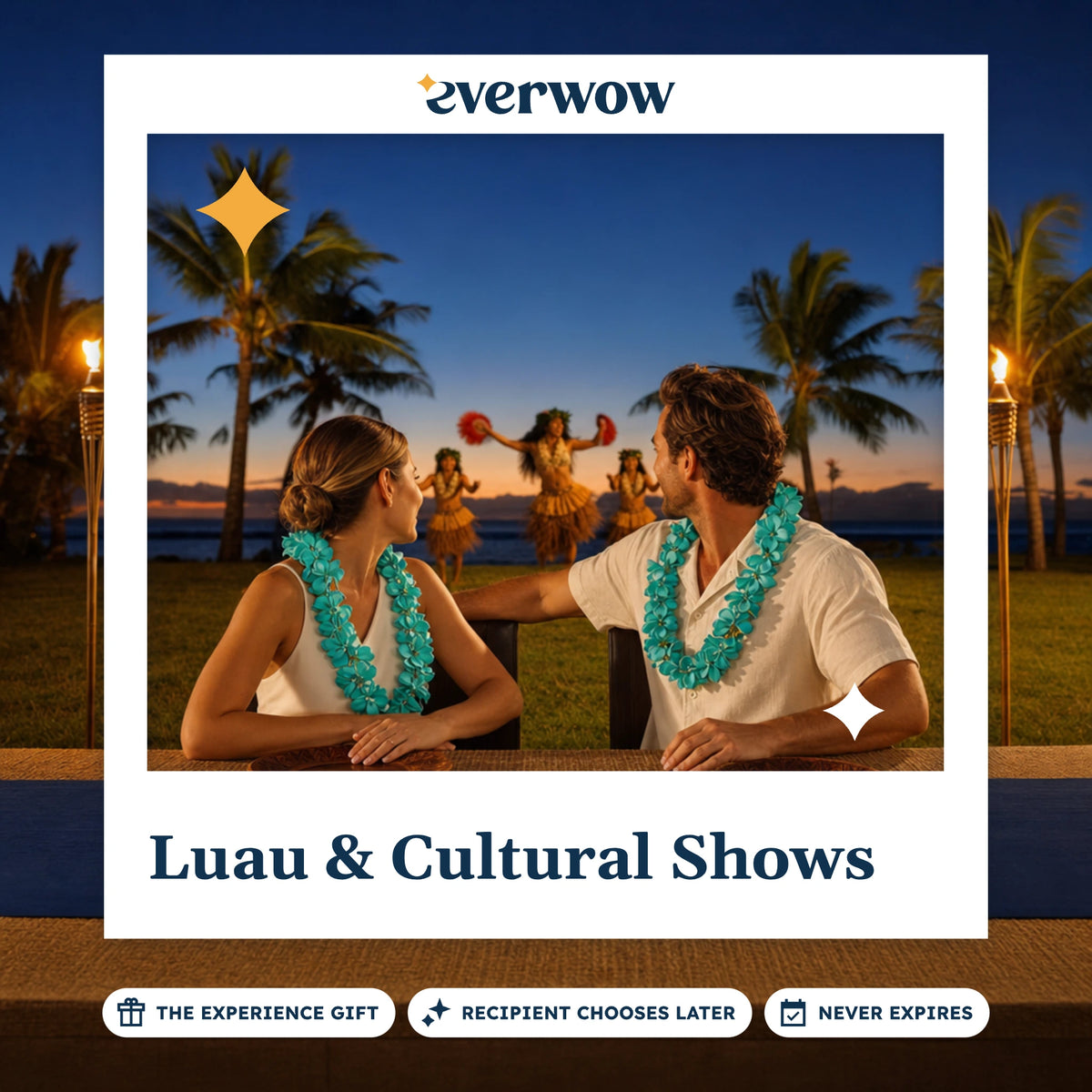Everwow Luau & Cultural Shows experience gift photo in a frame, couple at a torch-lit luau